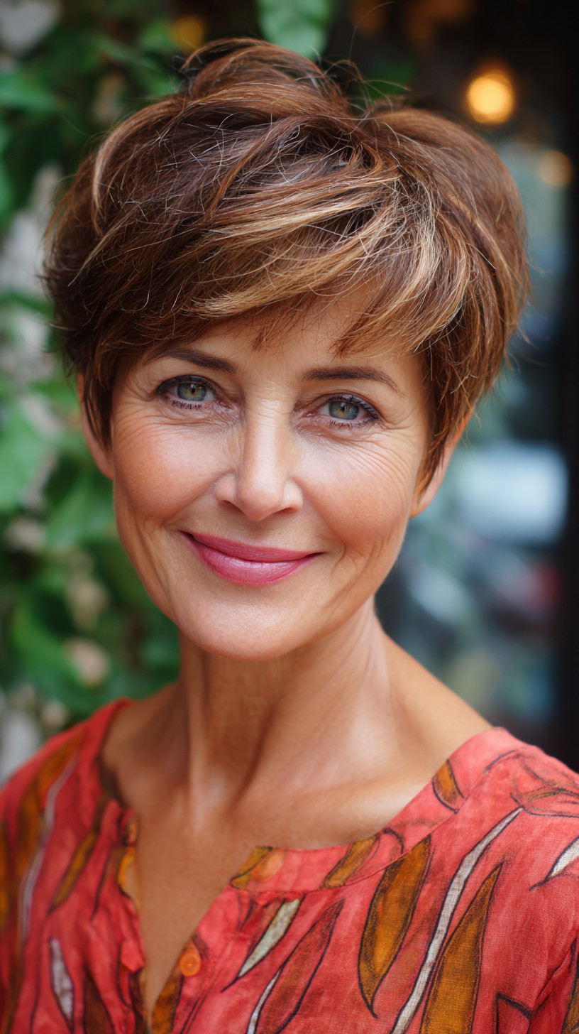 Soft Chestnut Air-Dried Pixie with Face-Framing Layers