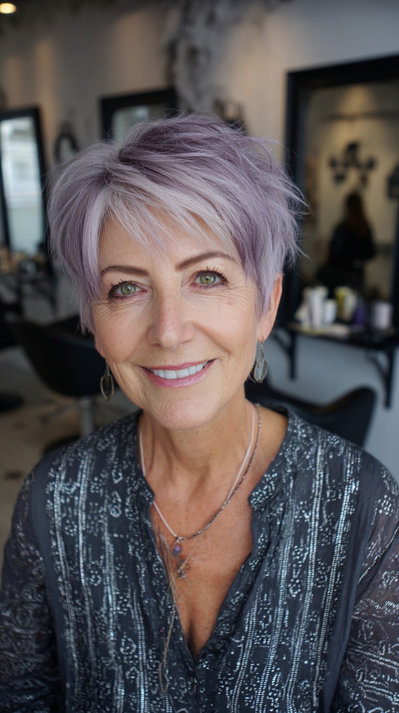 Soft Lavender Textured Pixie with Tapered Nape