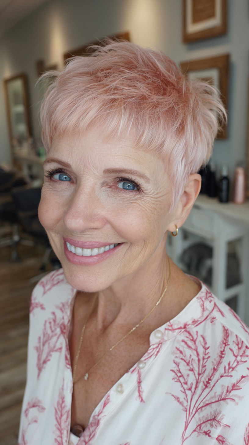 Soft Rose-Blonde Textured Pixie with Choppy Micro-Fringe