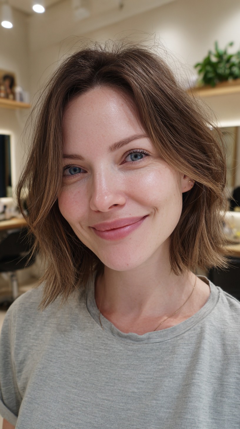 Textured Chestnut Collarbone Bob with Soft Curtain Frame