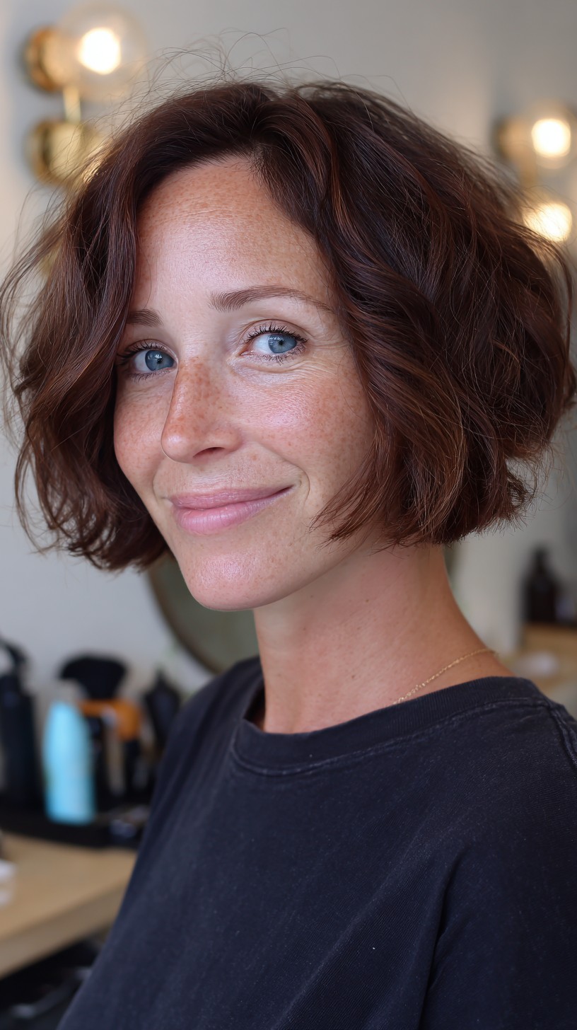 Textured Chin-Length Wavy Chocolate Bob with Soft Face-Framing Micro-Layers