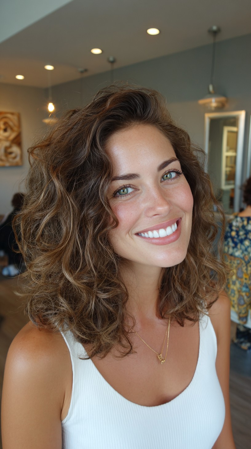 Textured Curly Shoulder-Grazing Layers with Off-Center Root Lift