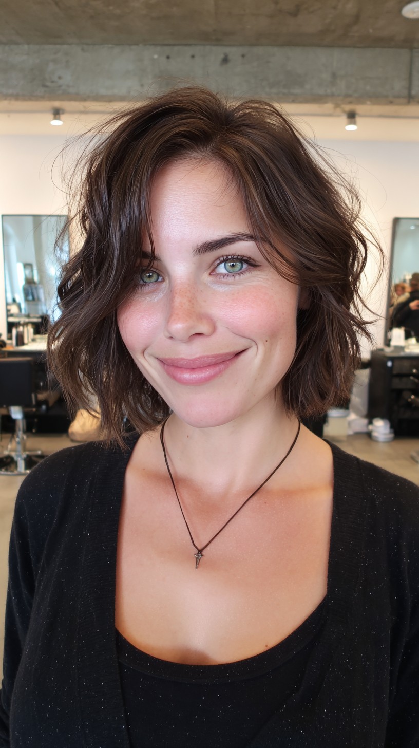 Tousled Chin-Grazing Wavy Bob with Feathered Face Frames