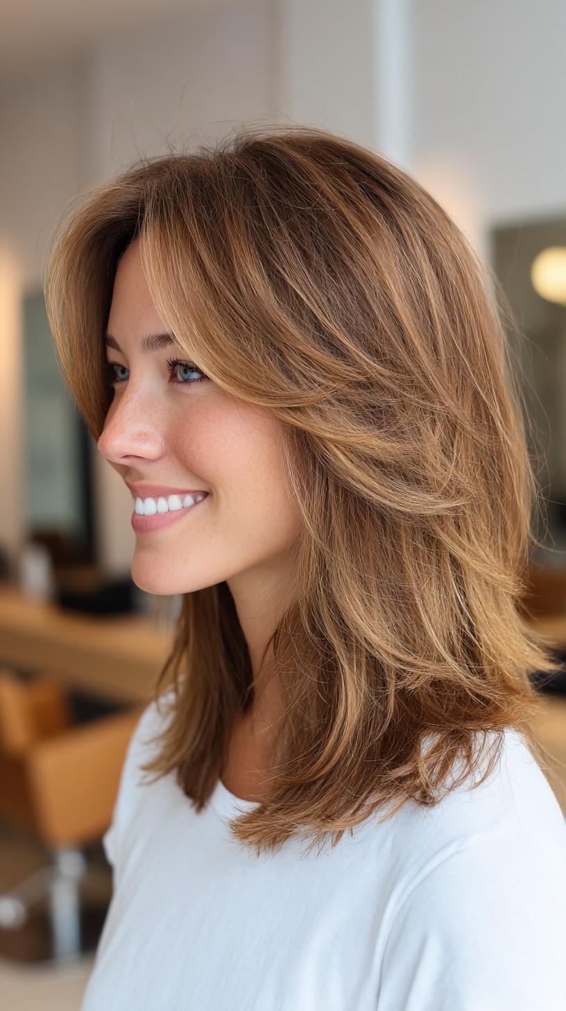Warm Brown Curtain Layers with Subtle Blonde Balayage
