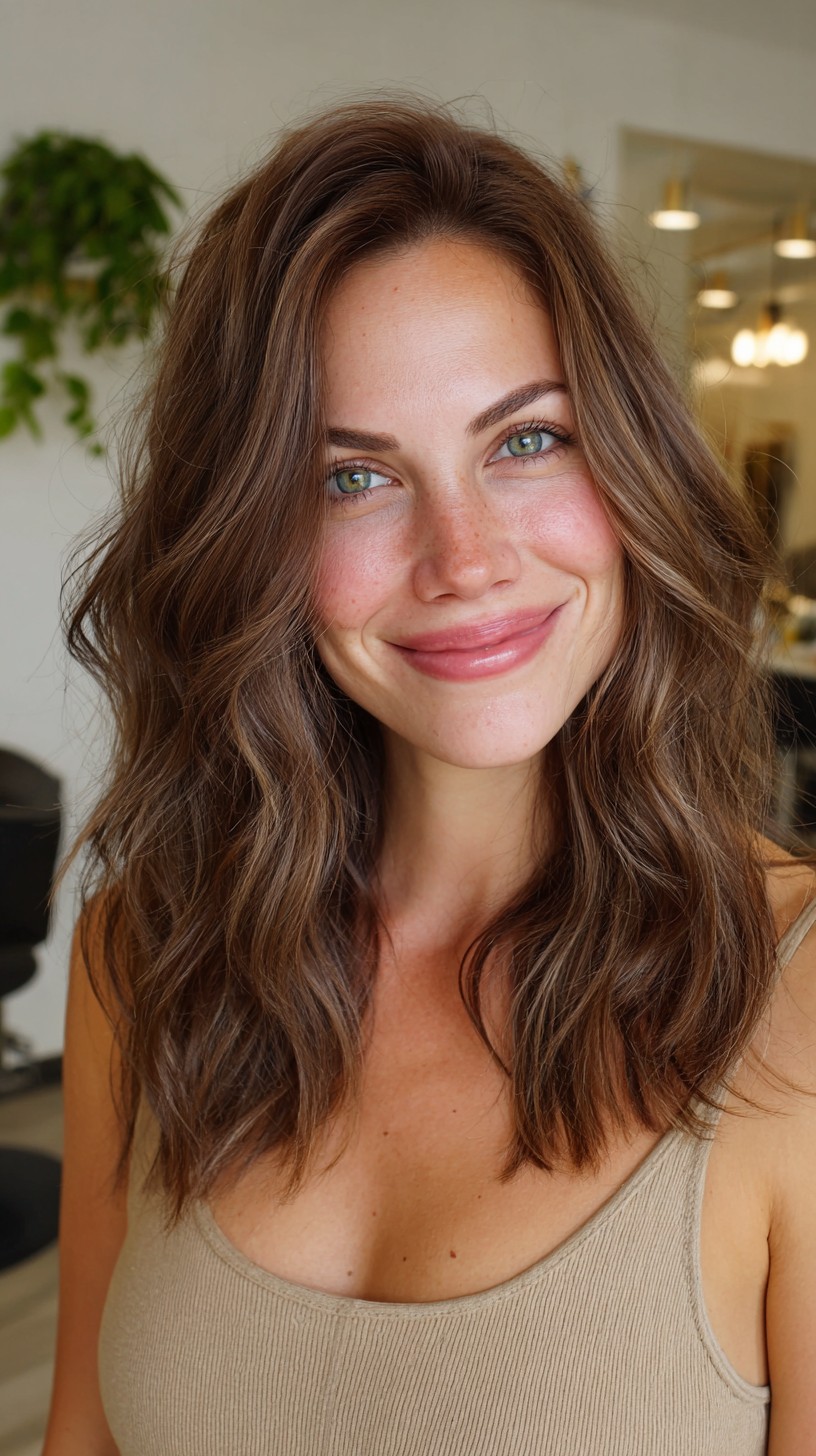 Natural Warm Brunette Mid-Length Waves with Sculpted Face-Framing