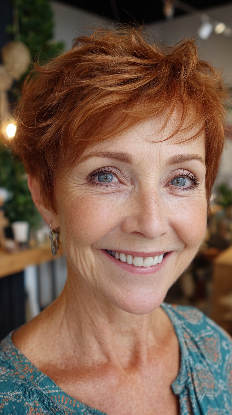 Warm Copper Choppy Pixie with Feathered Fringe