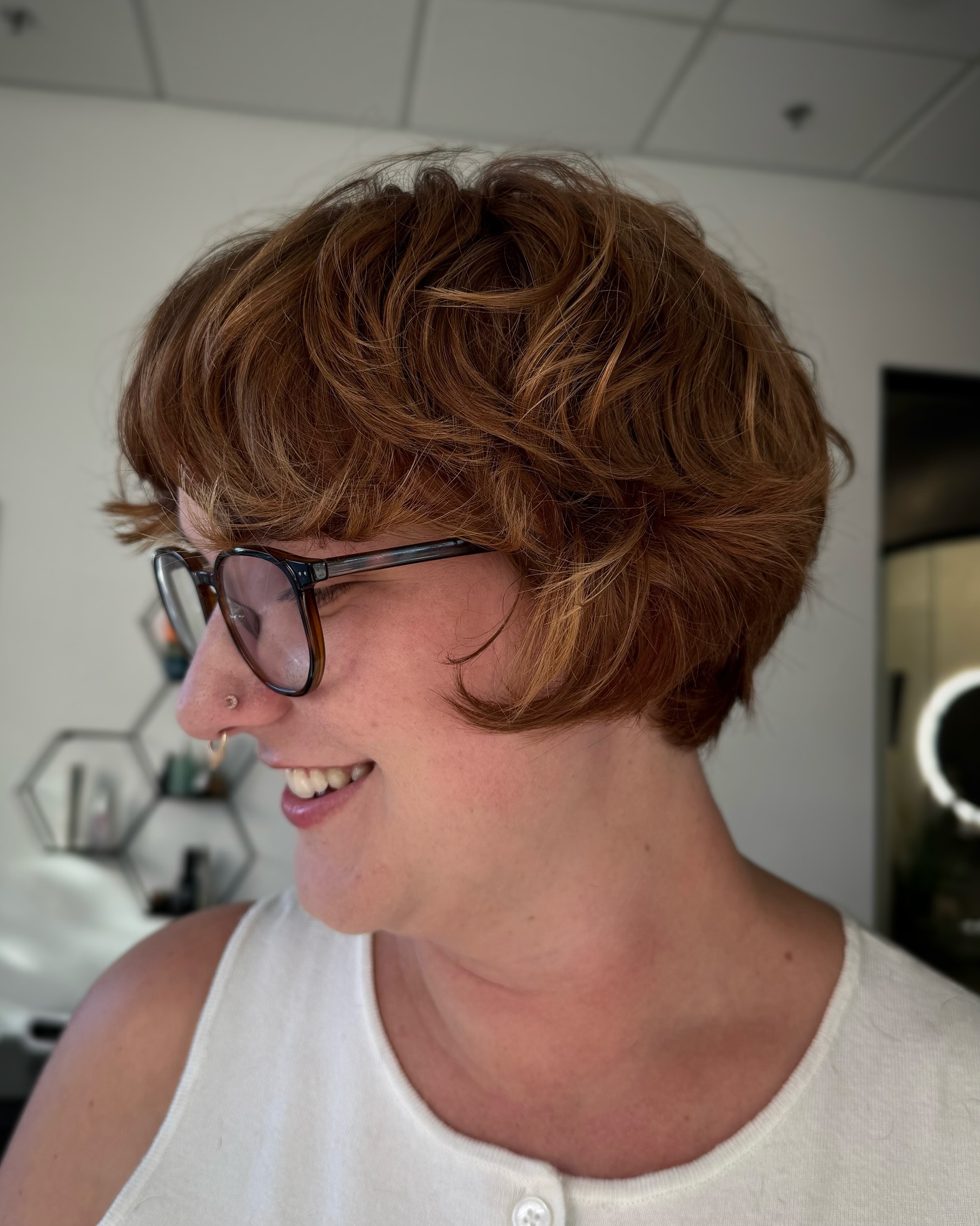 Warm Copper Layered Micro Bob with Soft Rounded Fringe