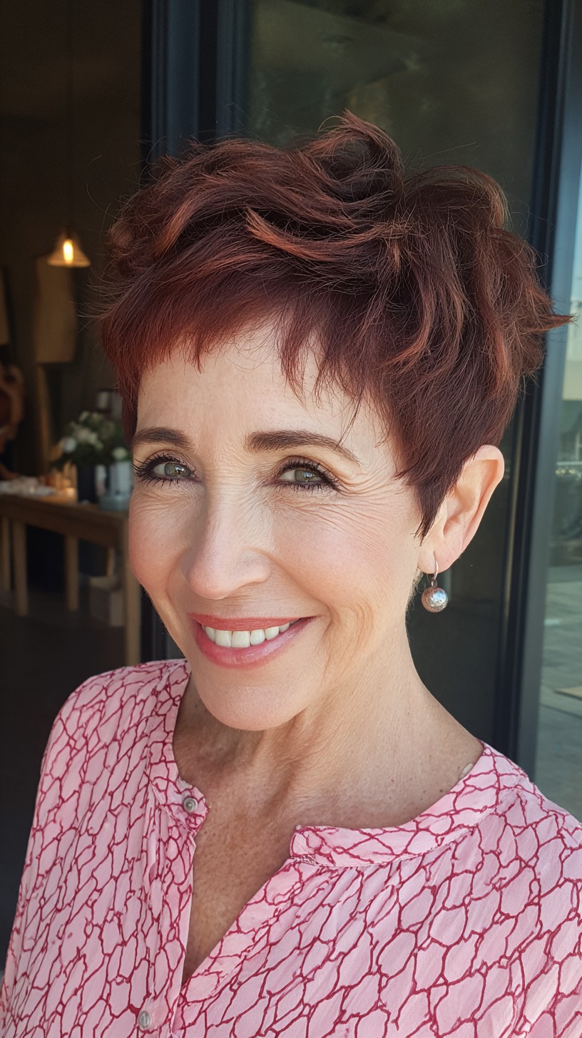 Auburn Tousled Pixie with Choppy Micro Fringe and Sculpted Nape