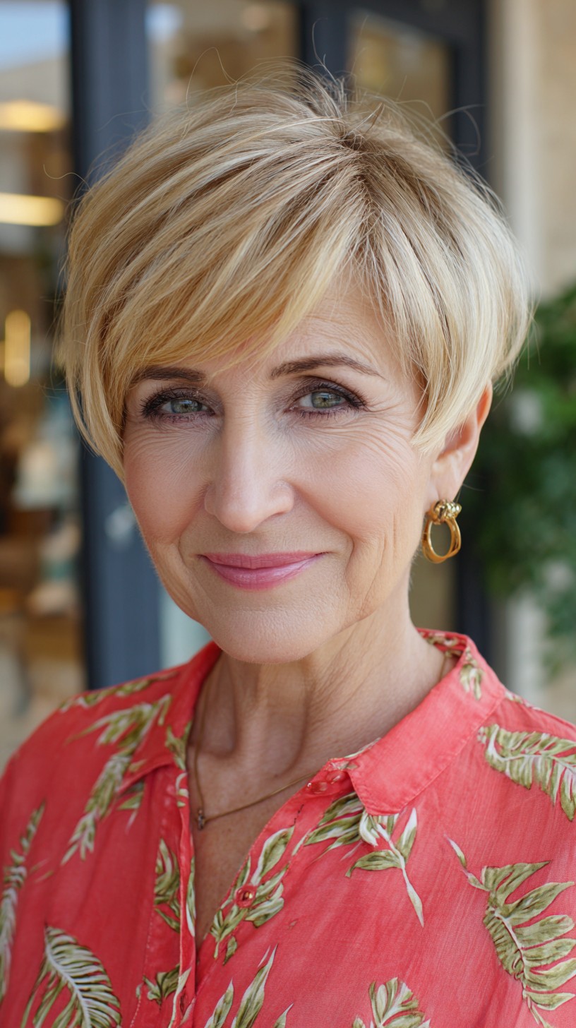 Barley Blonde Rounded Pixie with Side-Swept Fringe