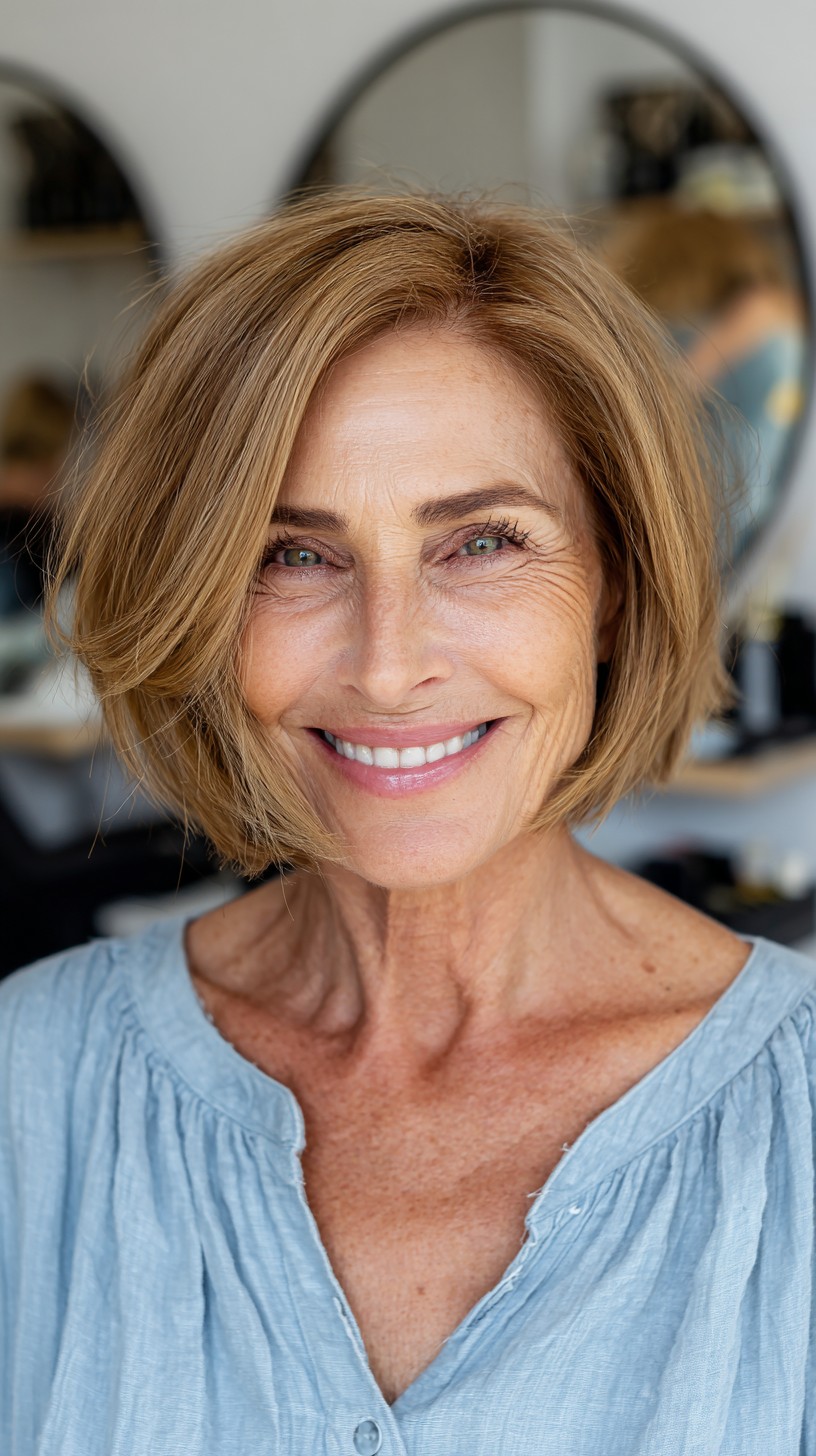 Sunlit Bronde Chin-Length Bob with Side-Swept Layers