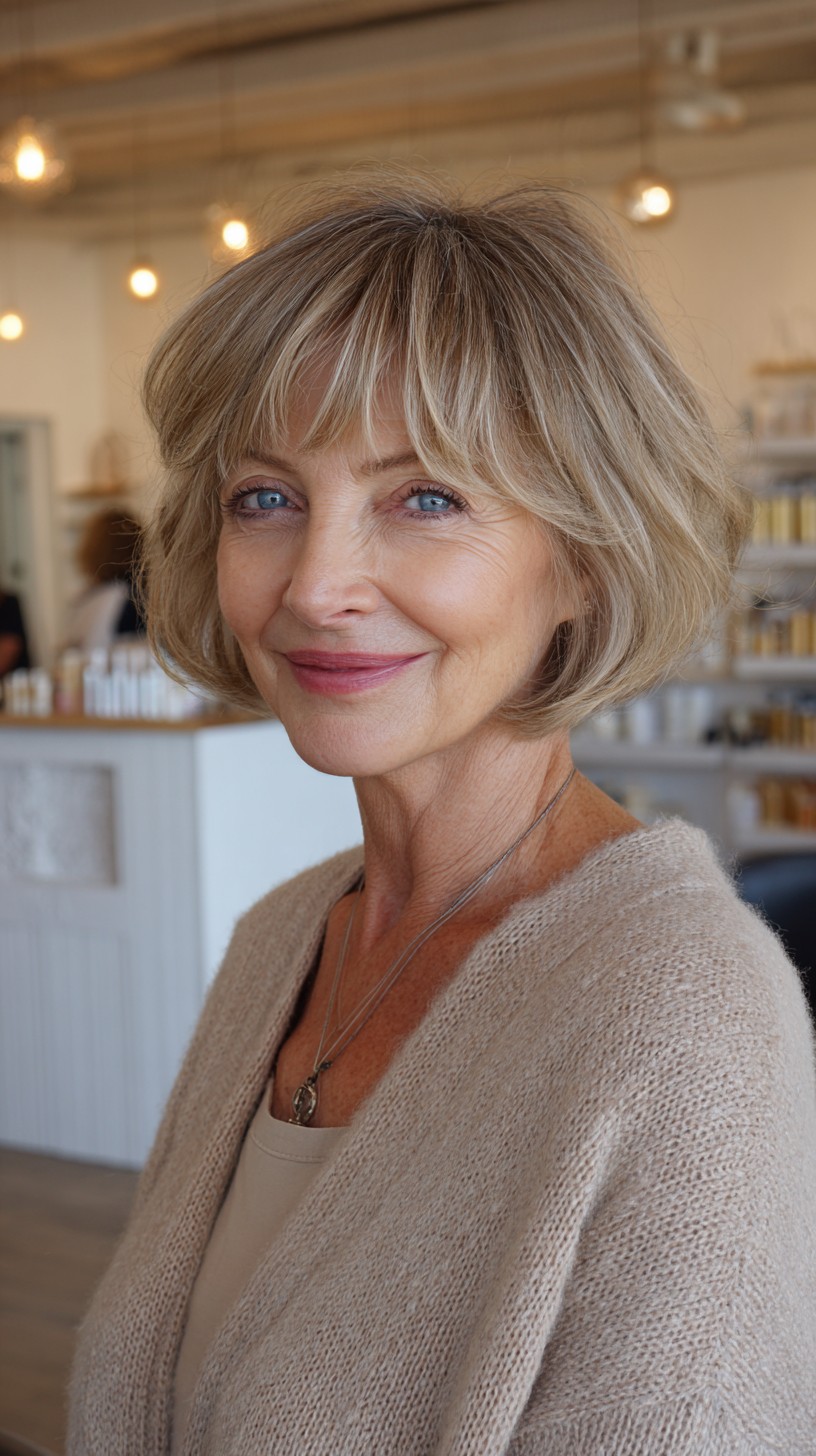 Brushed Bronde Short Layered Bob with Soft Fringe