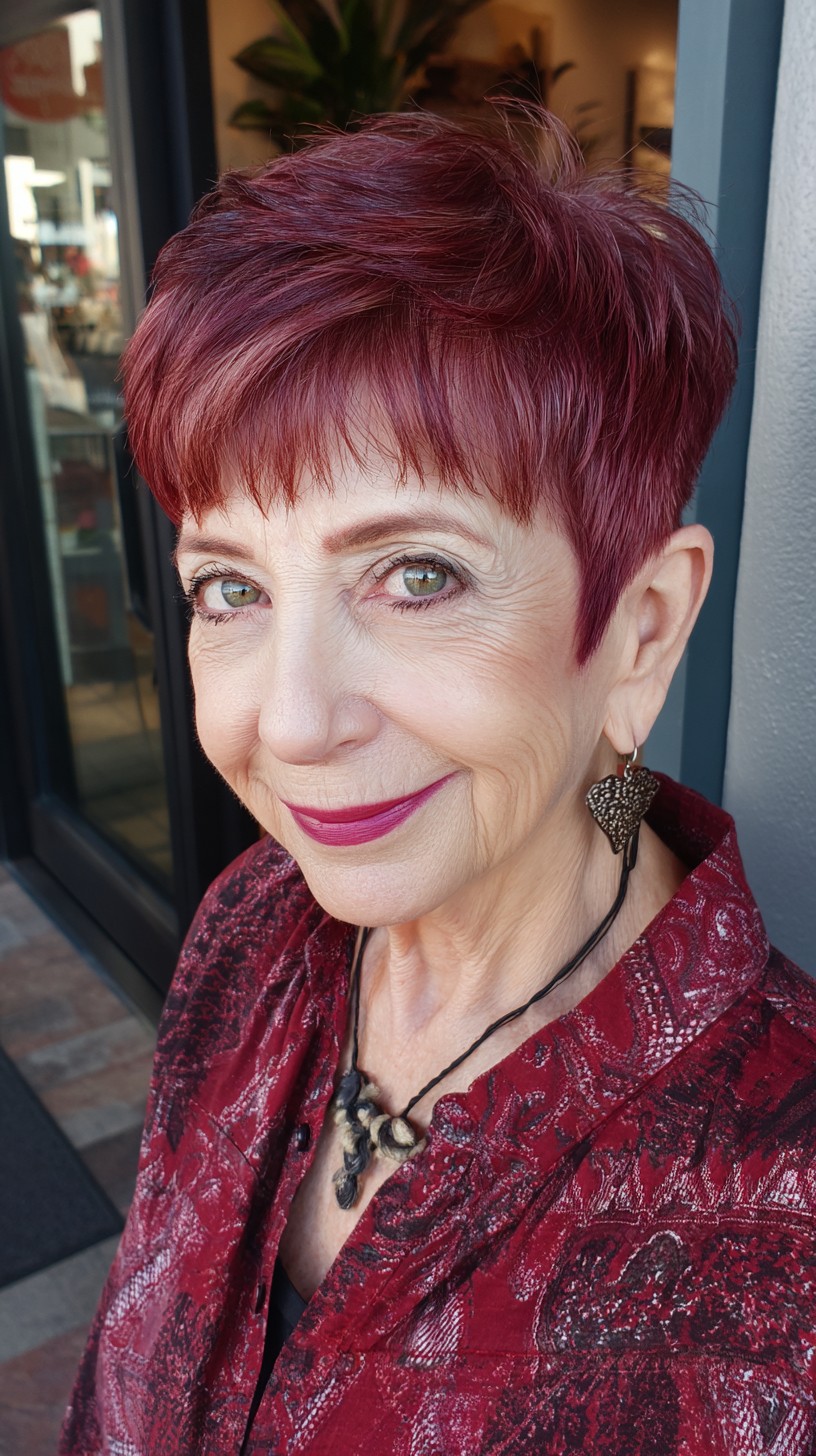 Burgundy Textured Pixie with Micro Fringe and Rounded Nape