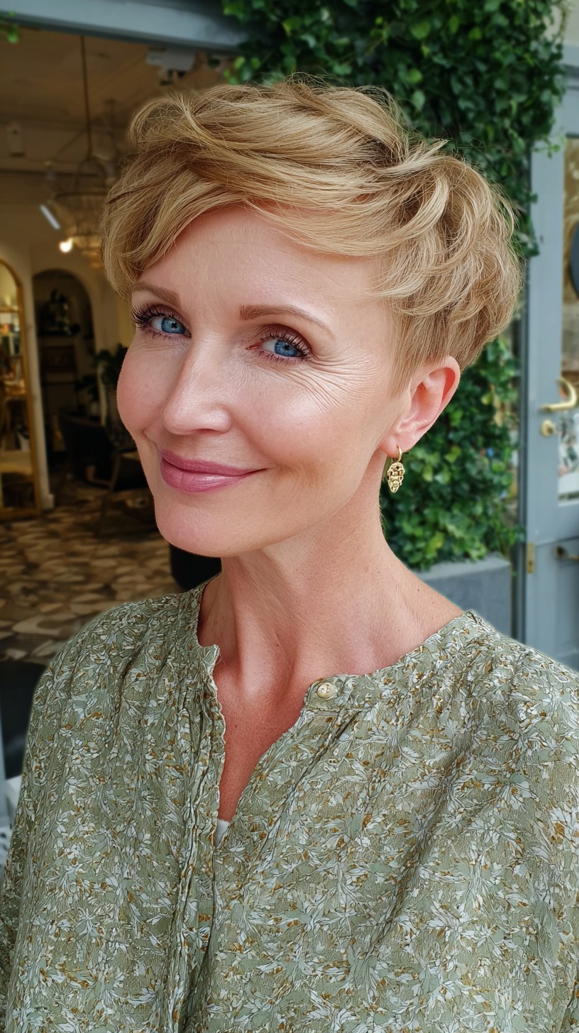 Champagne Blonde Layered Pixie with Soft Side-Swept Top