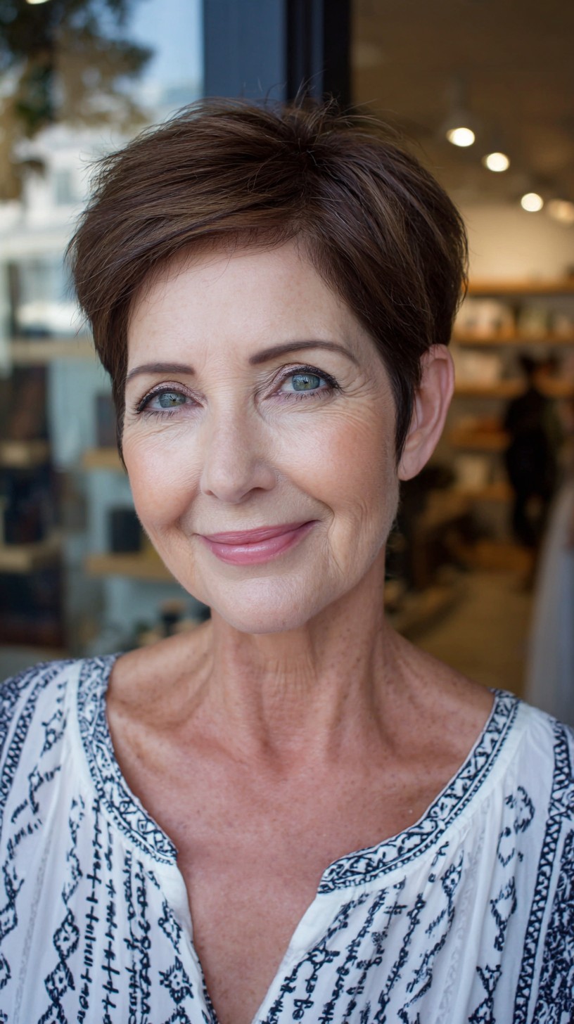 Chestnut Air-Dried Pixie with Natural Crown Lift and Micro-Fringe