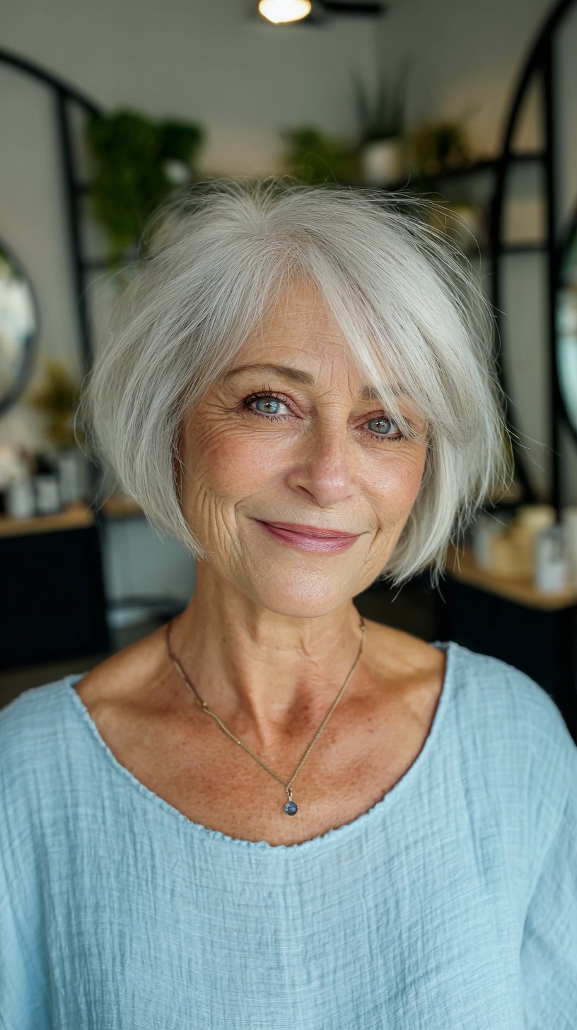 Chin-Grazing Silver Micro Bob with Temple Feathering and Internal Stack