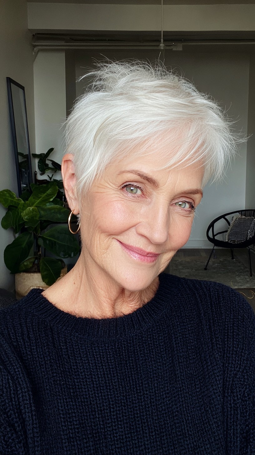 Crisp White Wispy Pixie with Feathered Top