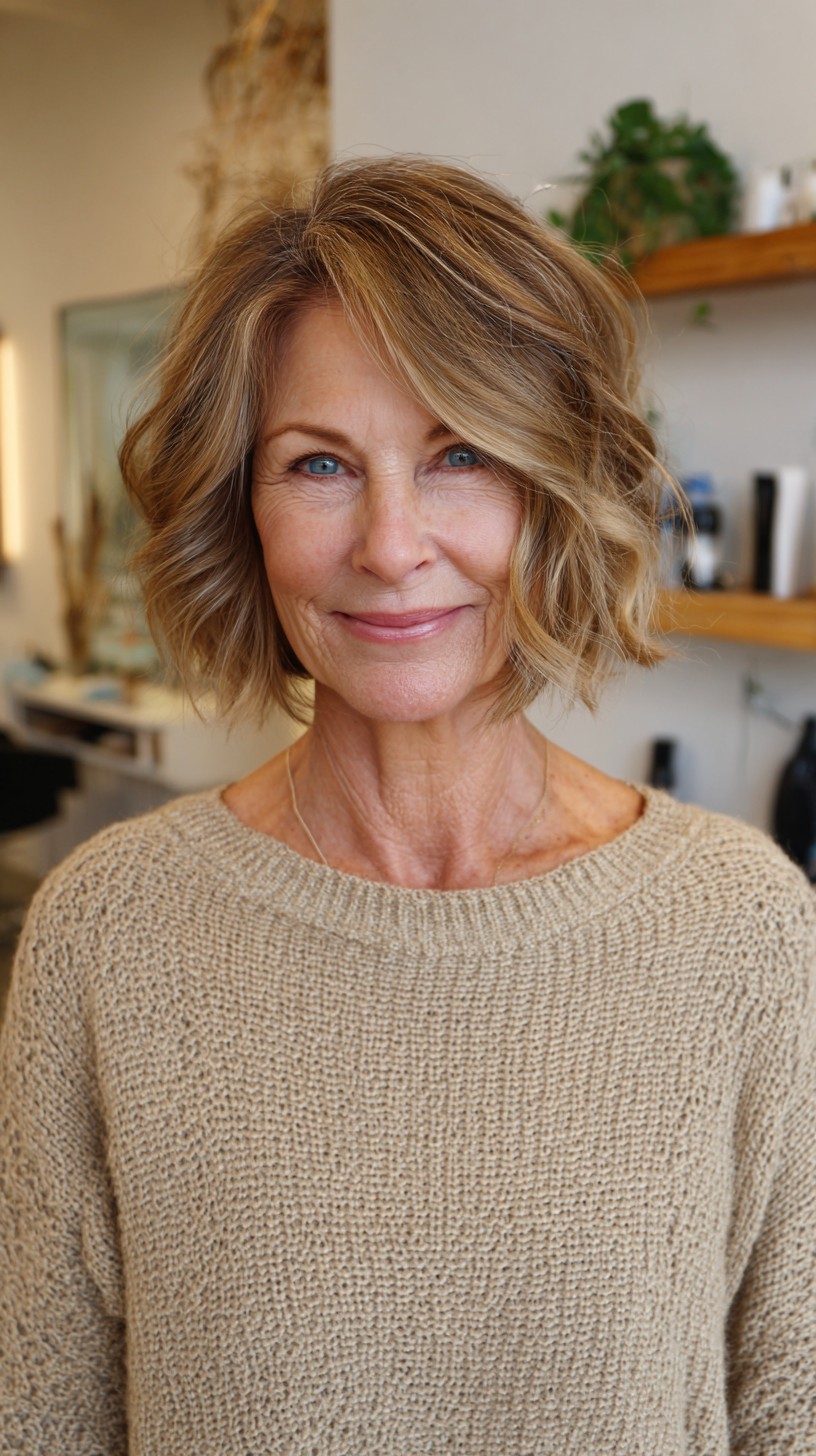 Effortless Bronde Jaw-Grazing Bob with Deep Side Part and Soft Waves