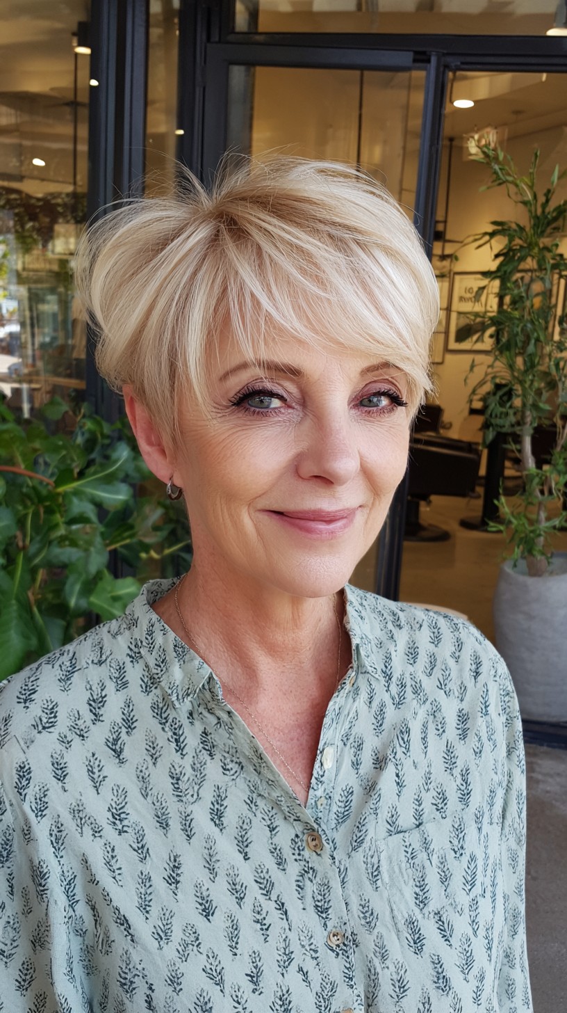 Icy Pearl Layered Pixie with Wispy Side Fringe