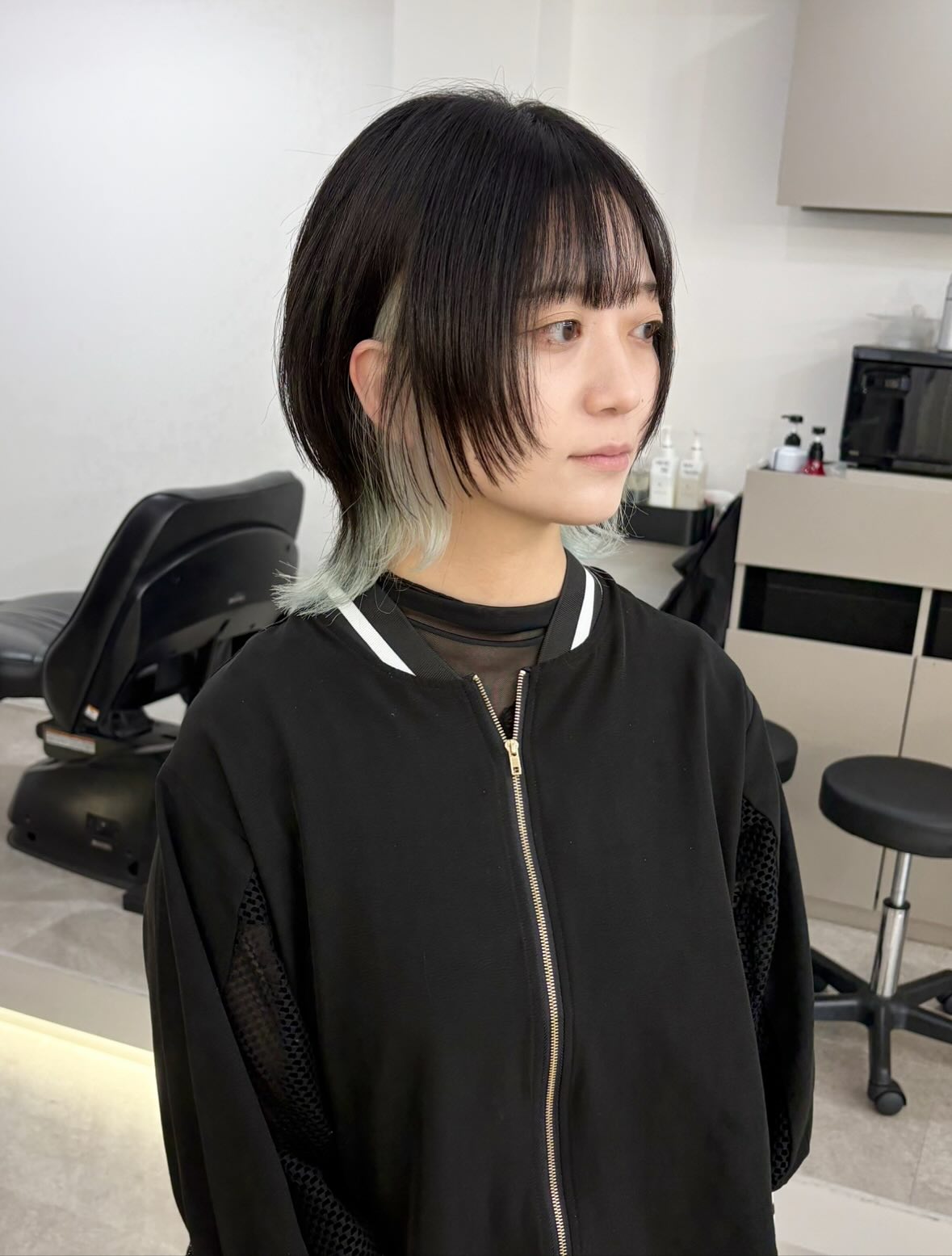 Nape-Length Layered Mullet with Wispy Curtain Bangs and Mint Peekaboo Underlayer