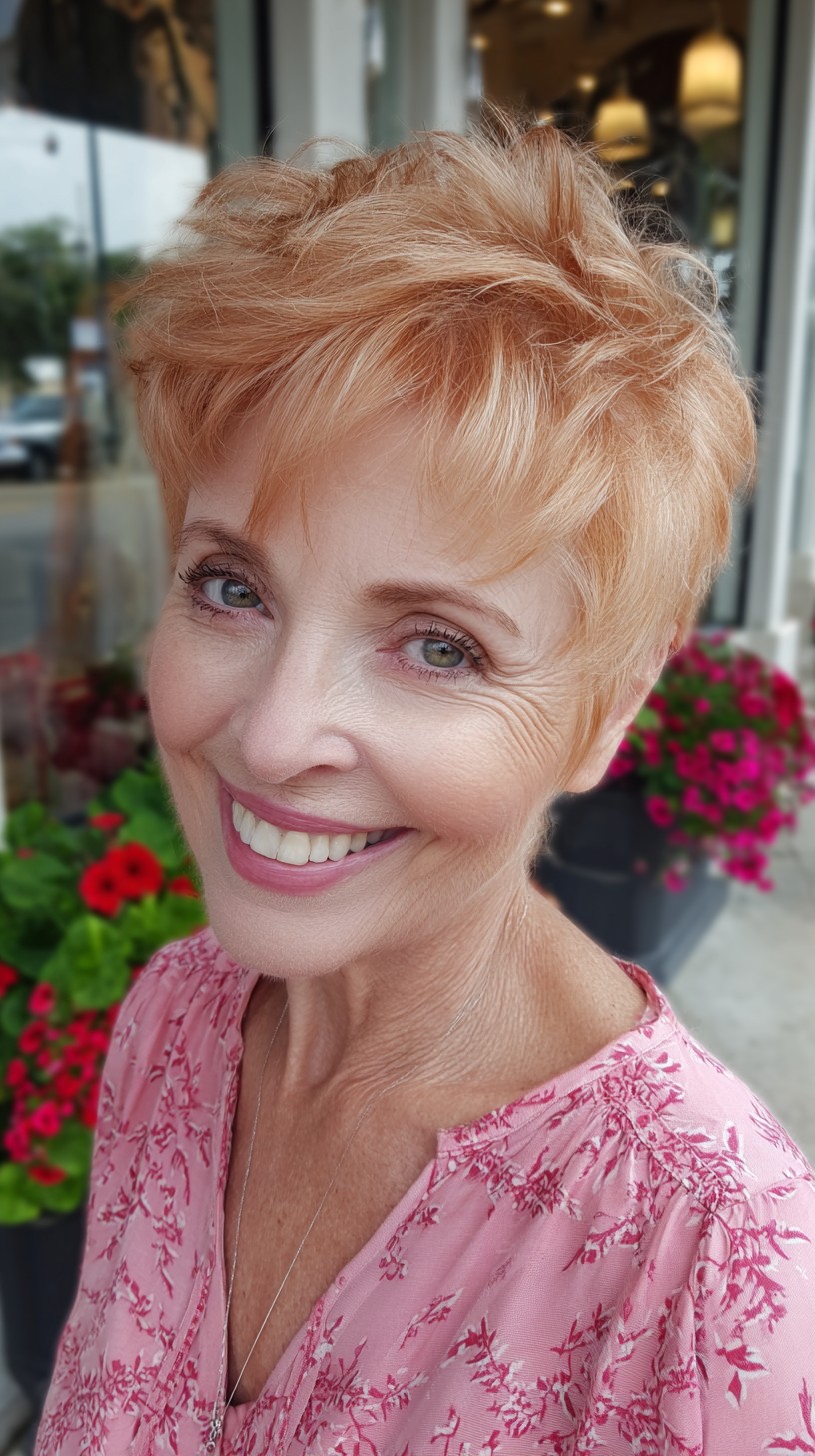Peachy Strawberry-Blonde Air-Dried Pixie with Feathered Micro-Top and Natural Crown Lift