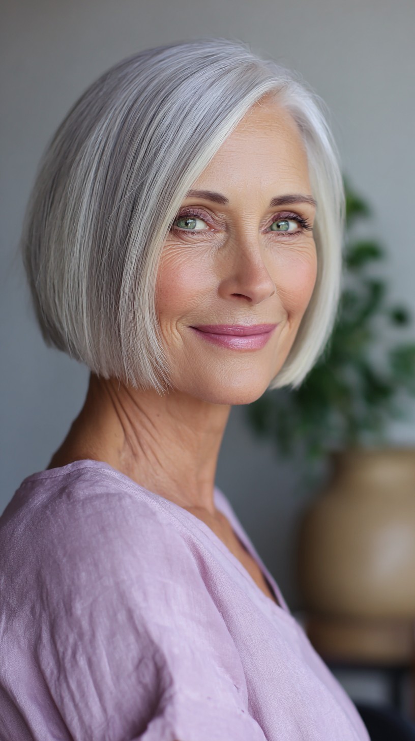 Polished Silver Chin-Length Blunt Bob with Soft Nape Graduation