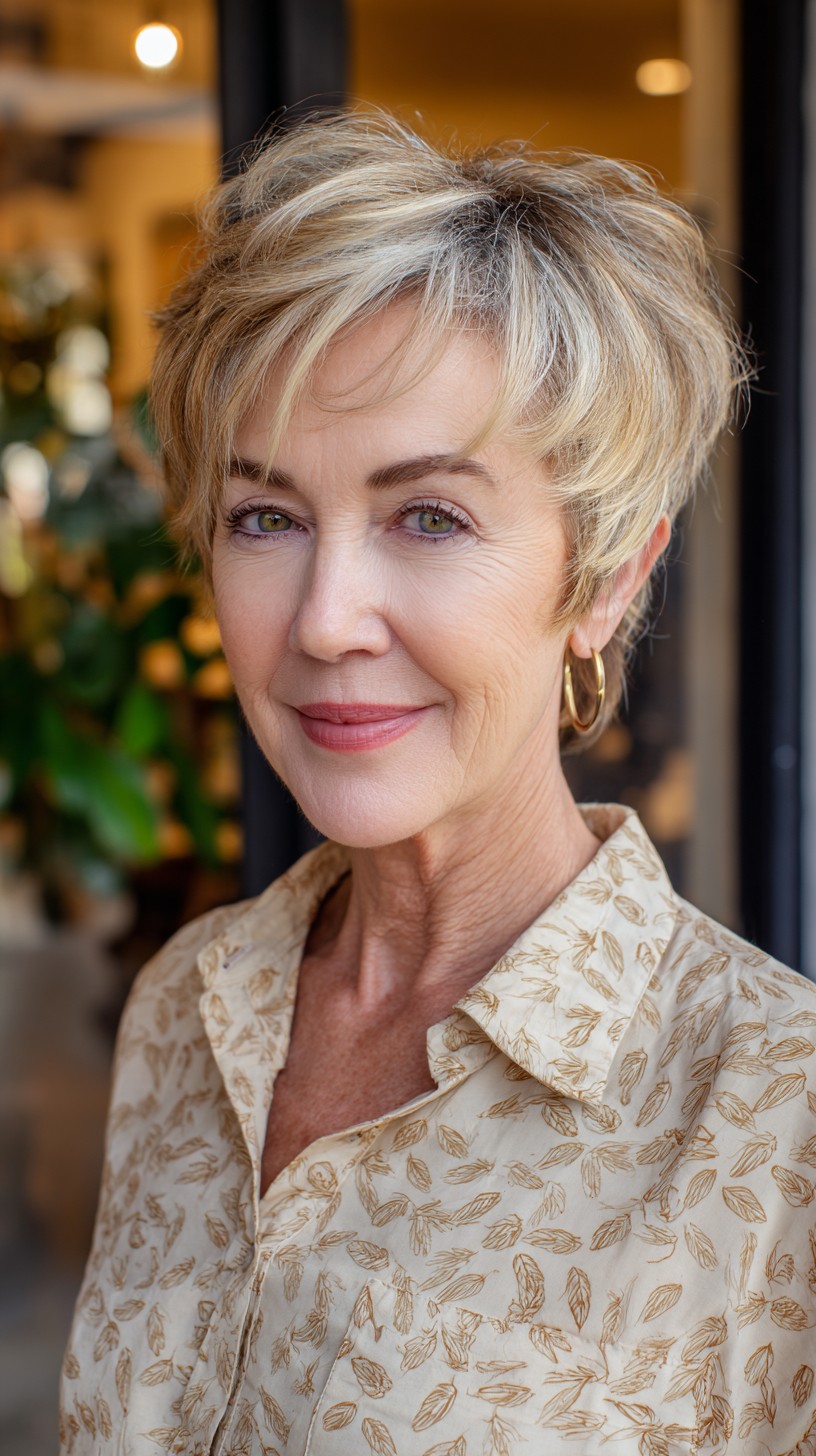 Short Brushed Blonde Pixie with Root Melt and Face-Framing Wisps