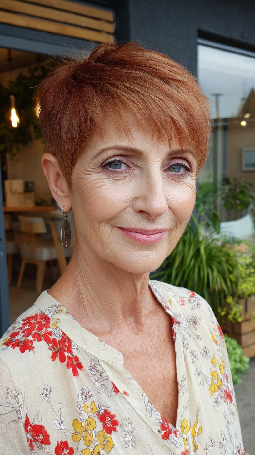 Short Copper Air-Dried Pixie with Layered Crown and Micro Fringe