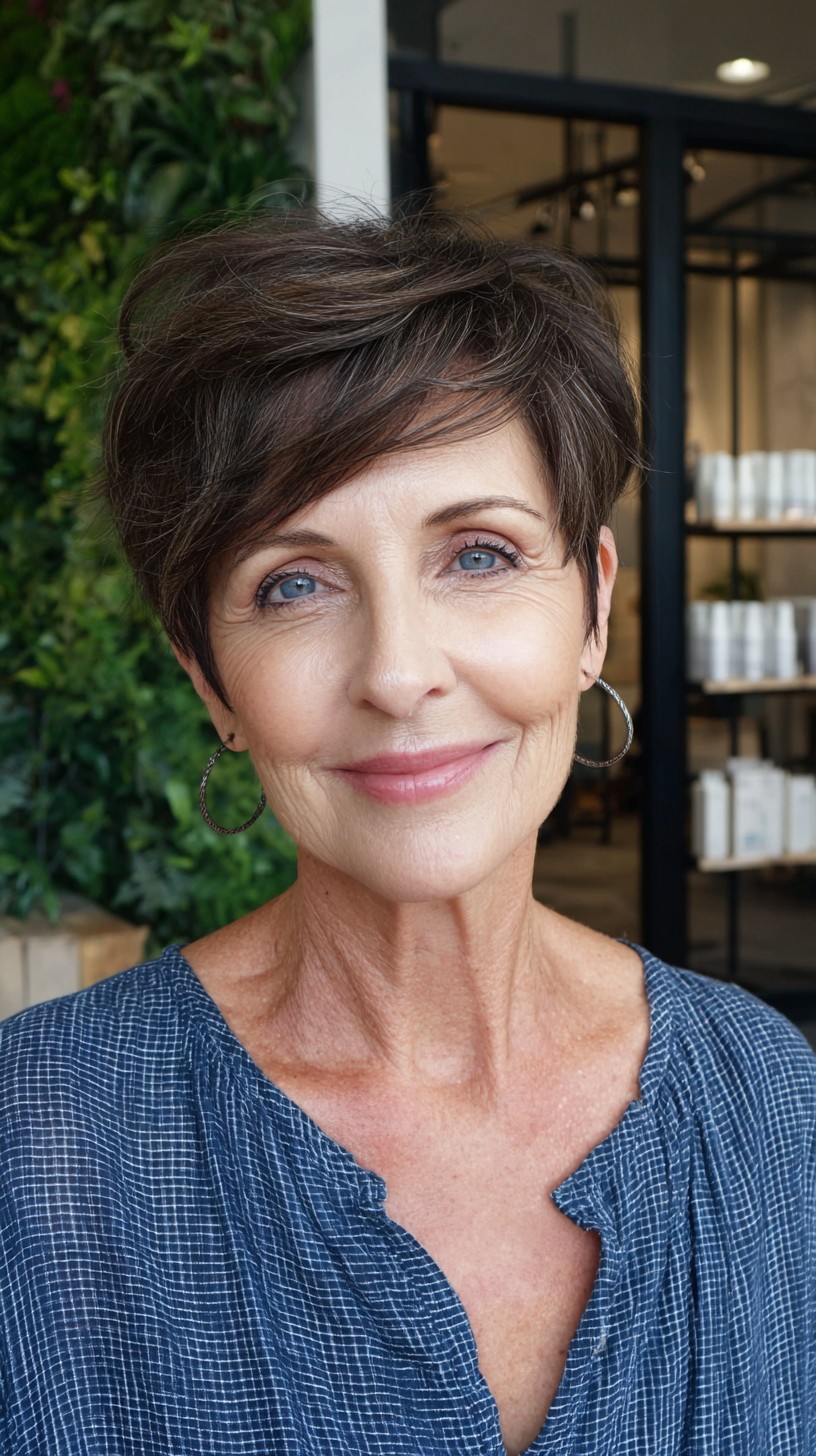 Short Feathered Pixie with Natural Crown Lift and Side-Swept Top