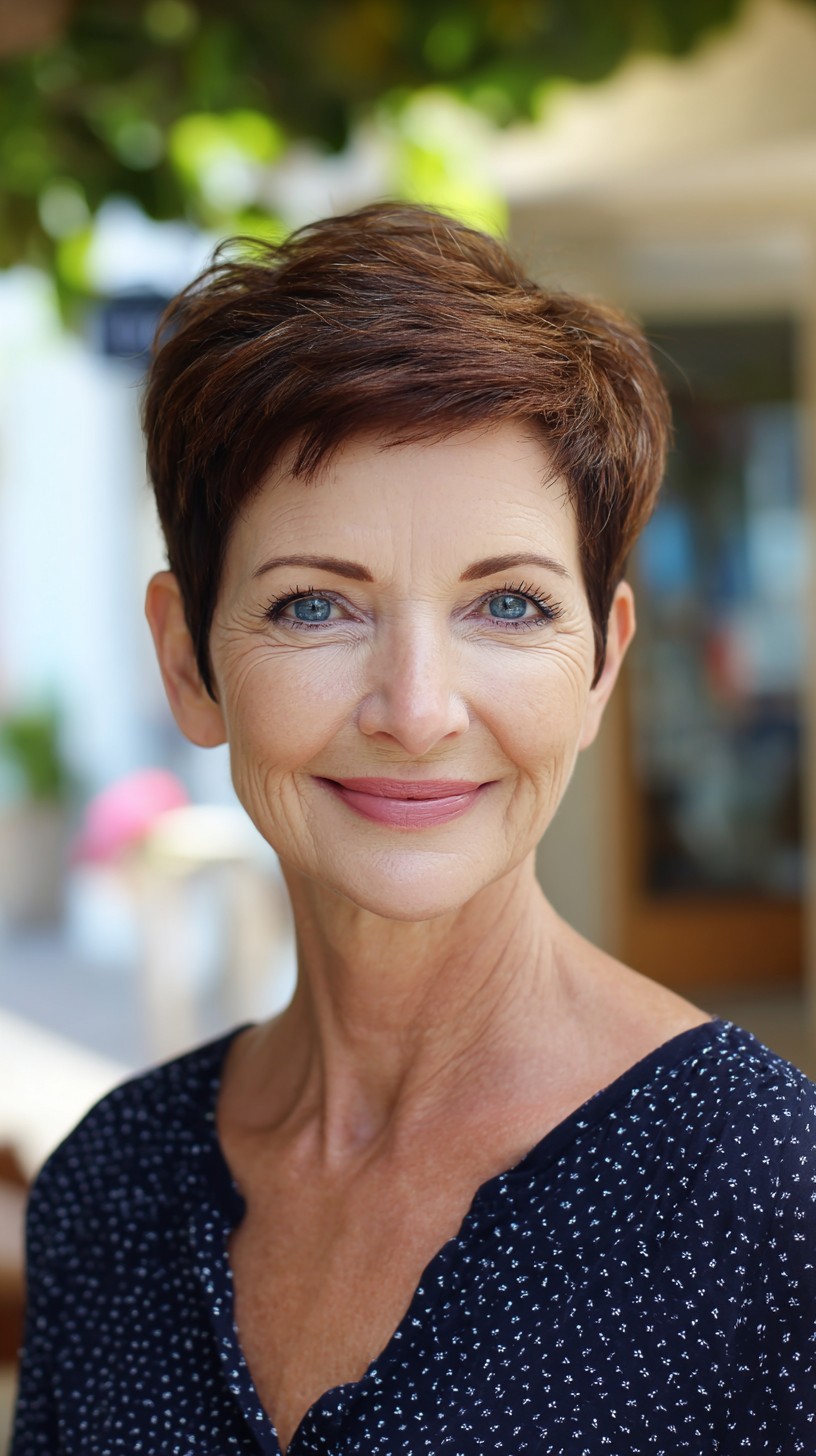 Short Warm Chestnut Pixie with Soft Crown Texture