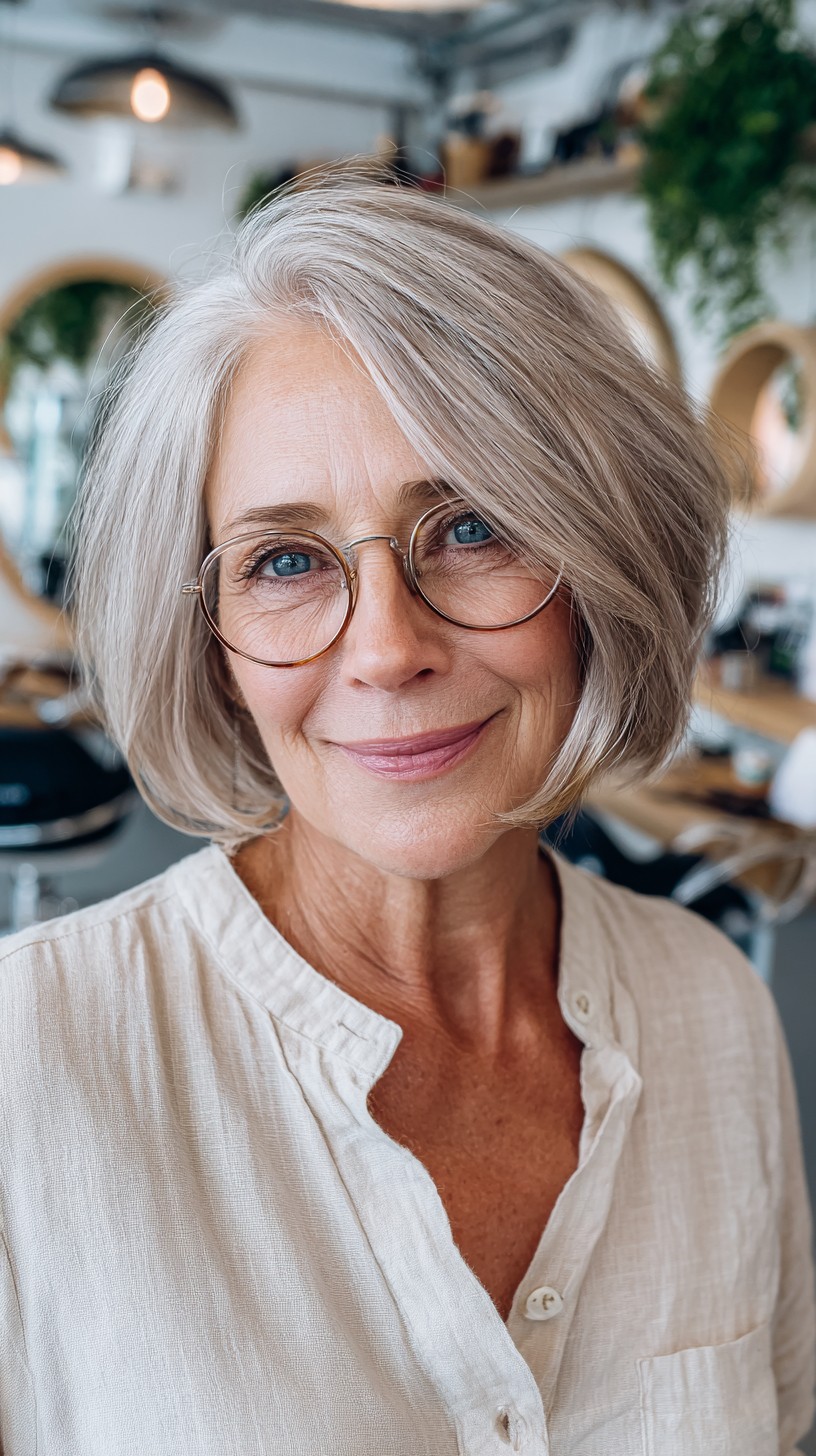 Silver-Bronde Rounded Chin-Length Bob with Side-Swept Fringe
