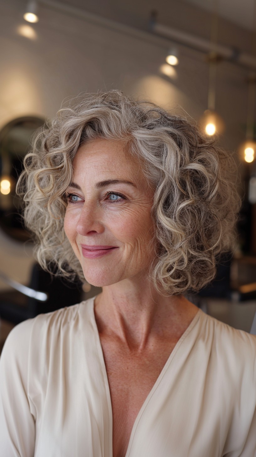 Silver Curly Shoulder-Length Cut with Layered Ringlets