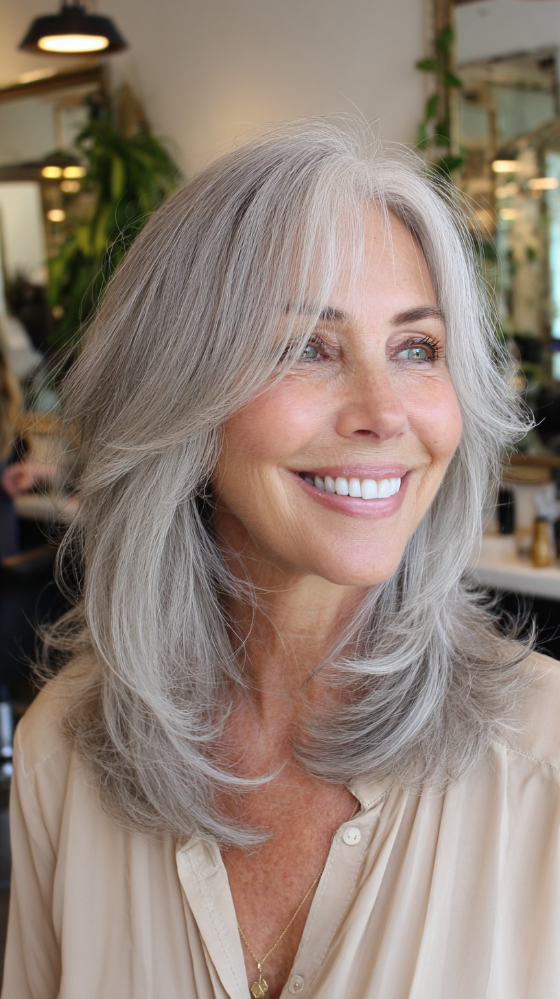 Silver Feathered Mid-Length Cut with Curtain Fringe