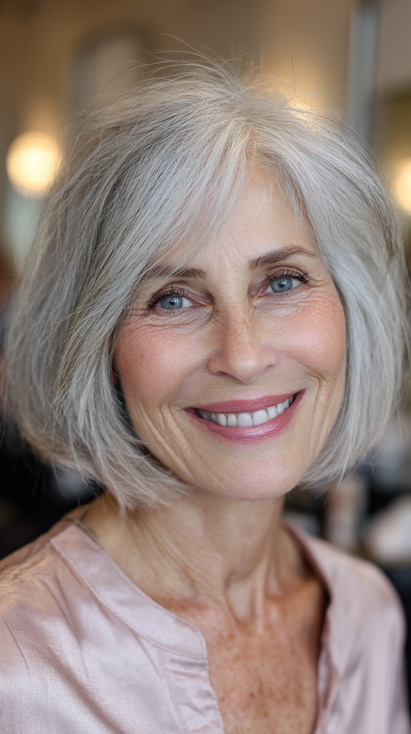 Soft Silver Chin-Length Layered Bob with Feathered Side Fringe