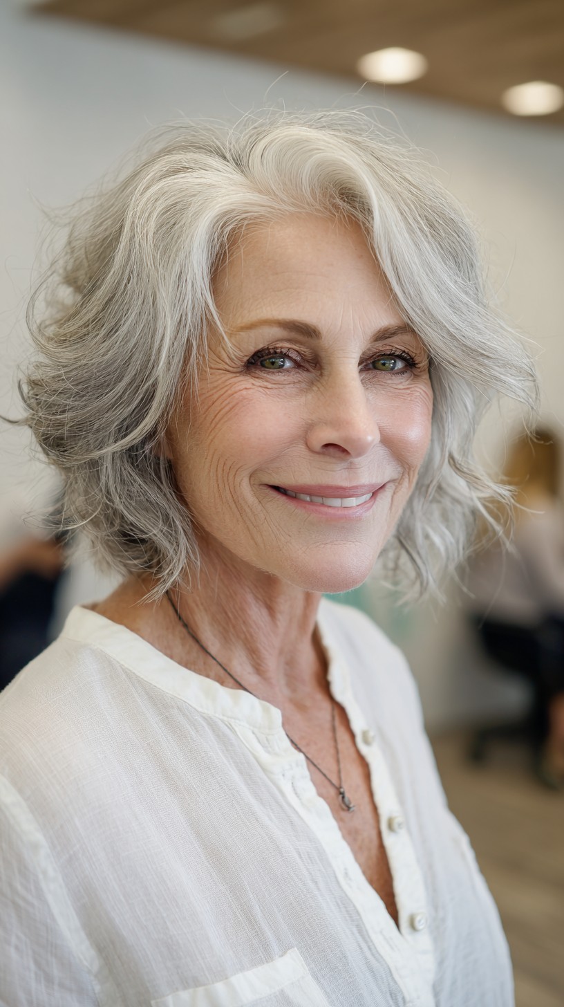 Silver Textured Wavy Bob with Side-Swept Layers