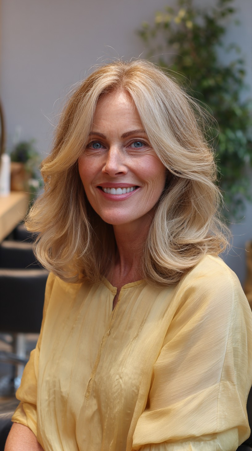 Soft Blown Shoulder-Length Layers with Root Shadow Blonde