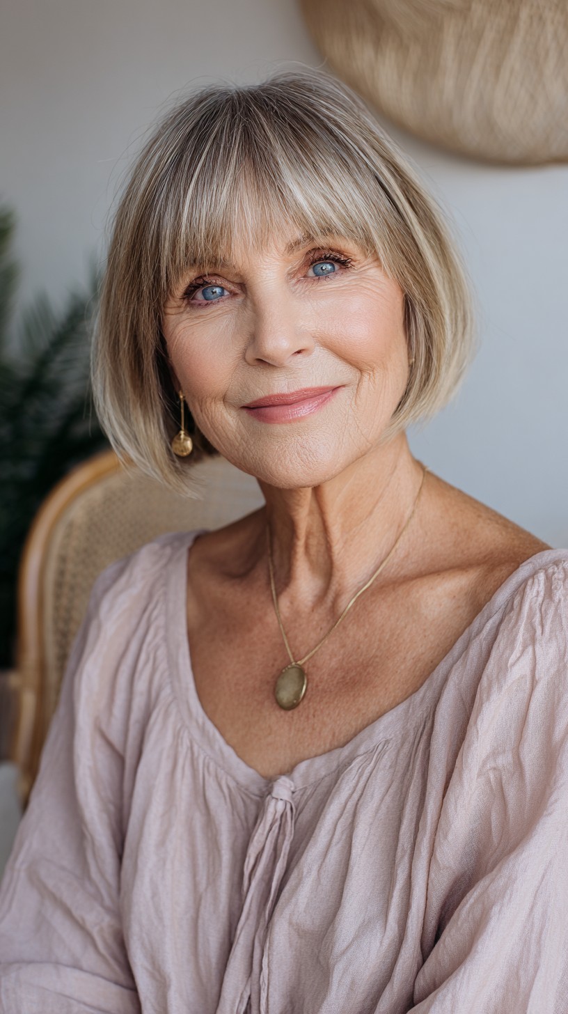 Soft Bronde Chin-Length Blunt Bob with Wispy Full Bangs