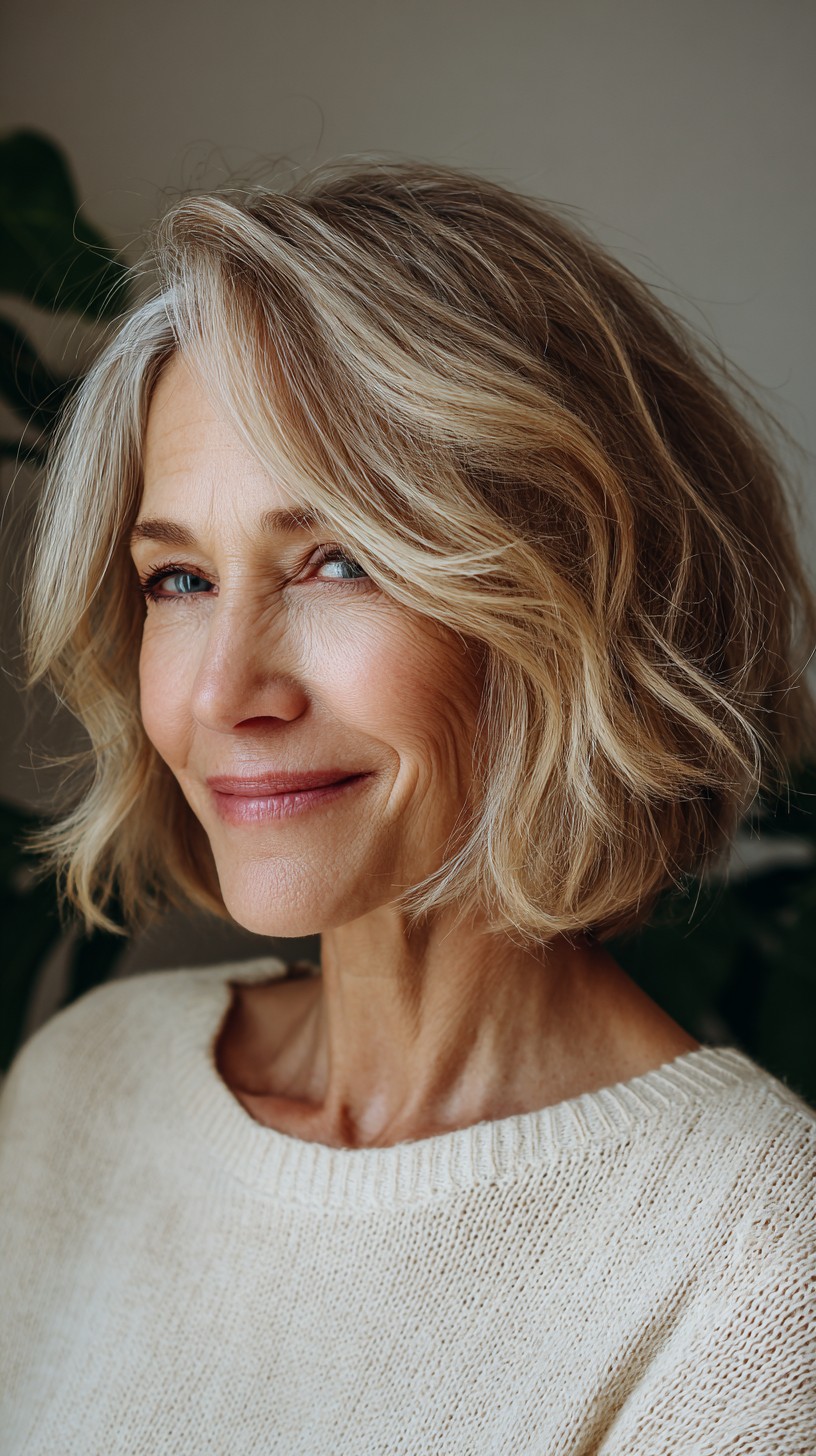 Soft Bronde Curtain Bob with Root-Smudge and Point-Cut Ends