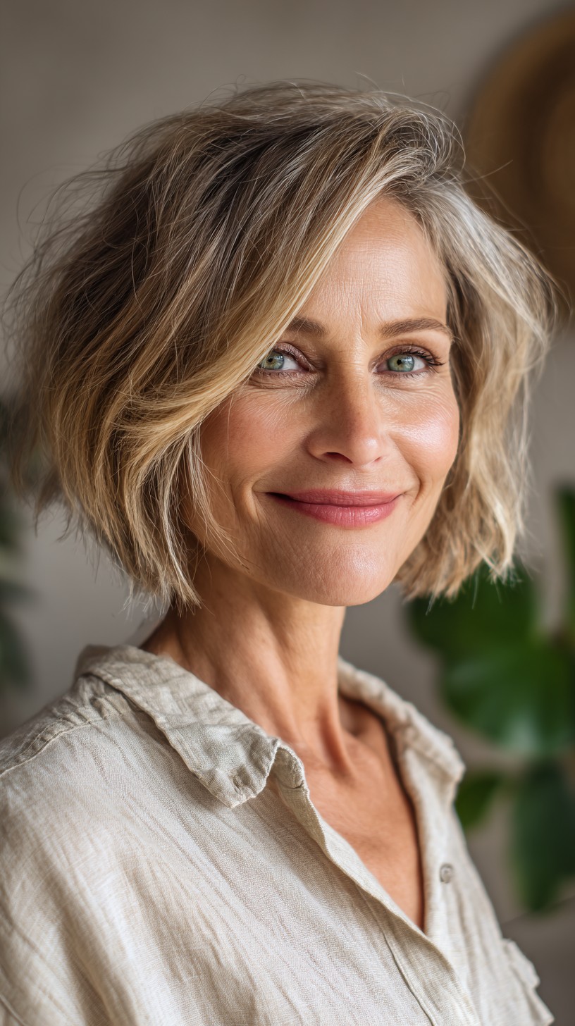 Soft Bronde Jaw-Length Bob with Side-Swept Root Lift