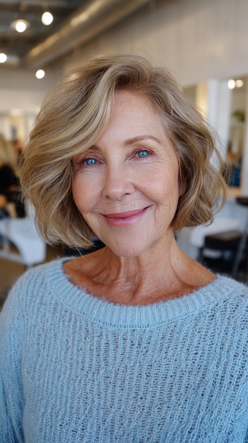 Soft Bronde Wavy Chin-Length Bob with Root-Blend and Lifted Side Part