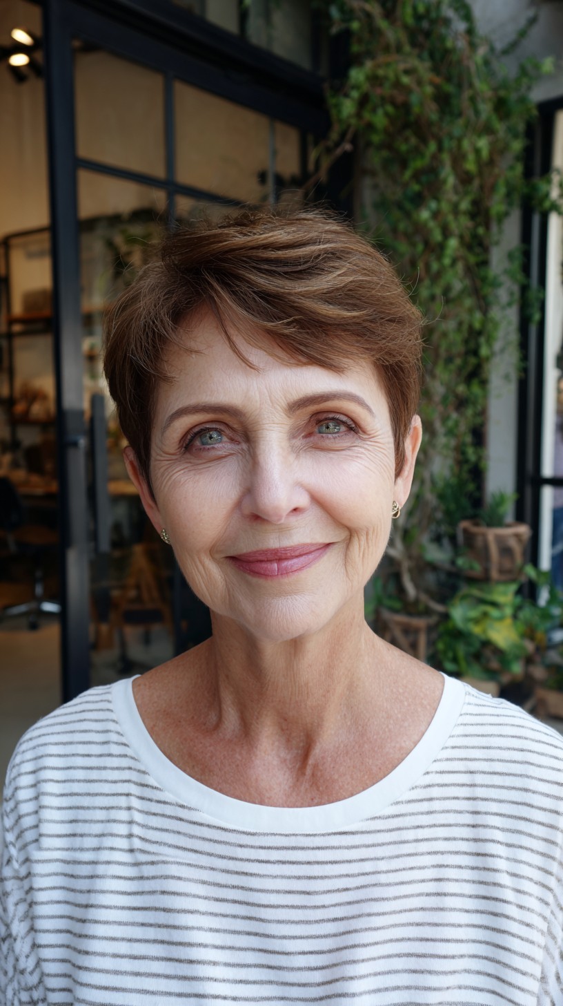 Soft Chestnut Pixie with Feathered Side Fringe