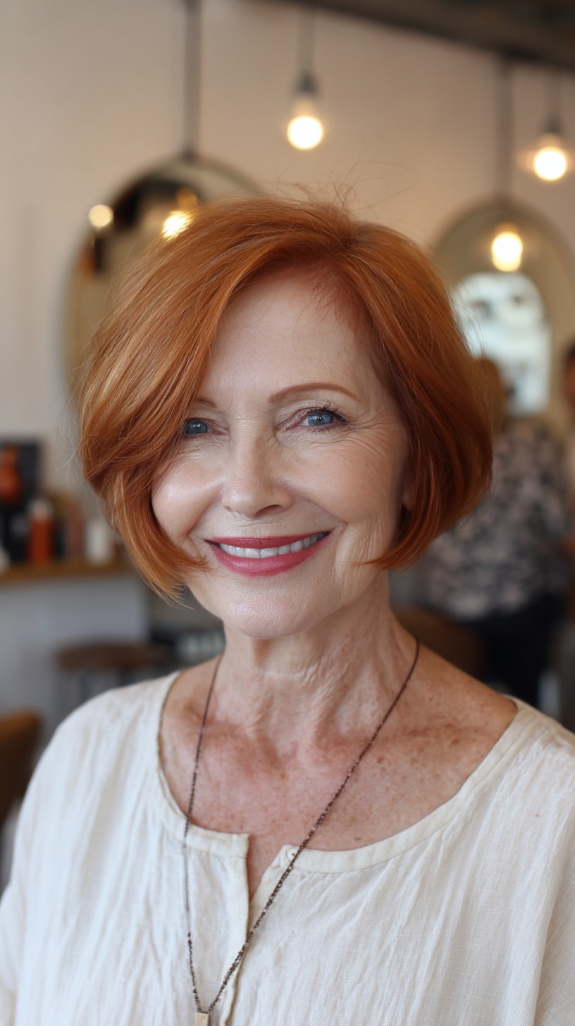 Soft Copper Angled Chin-Length Bob with Deep Side Sweep