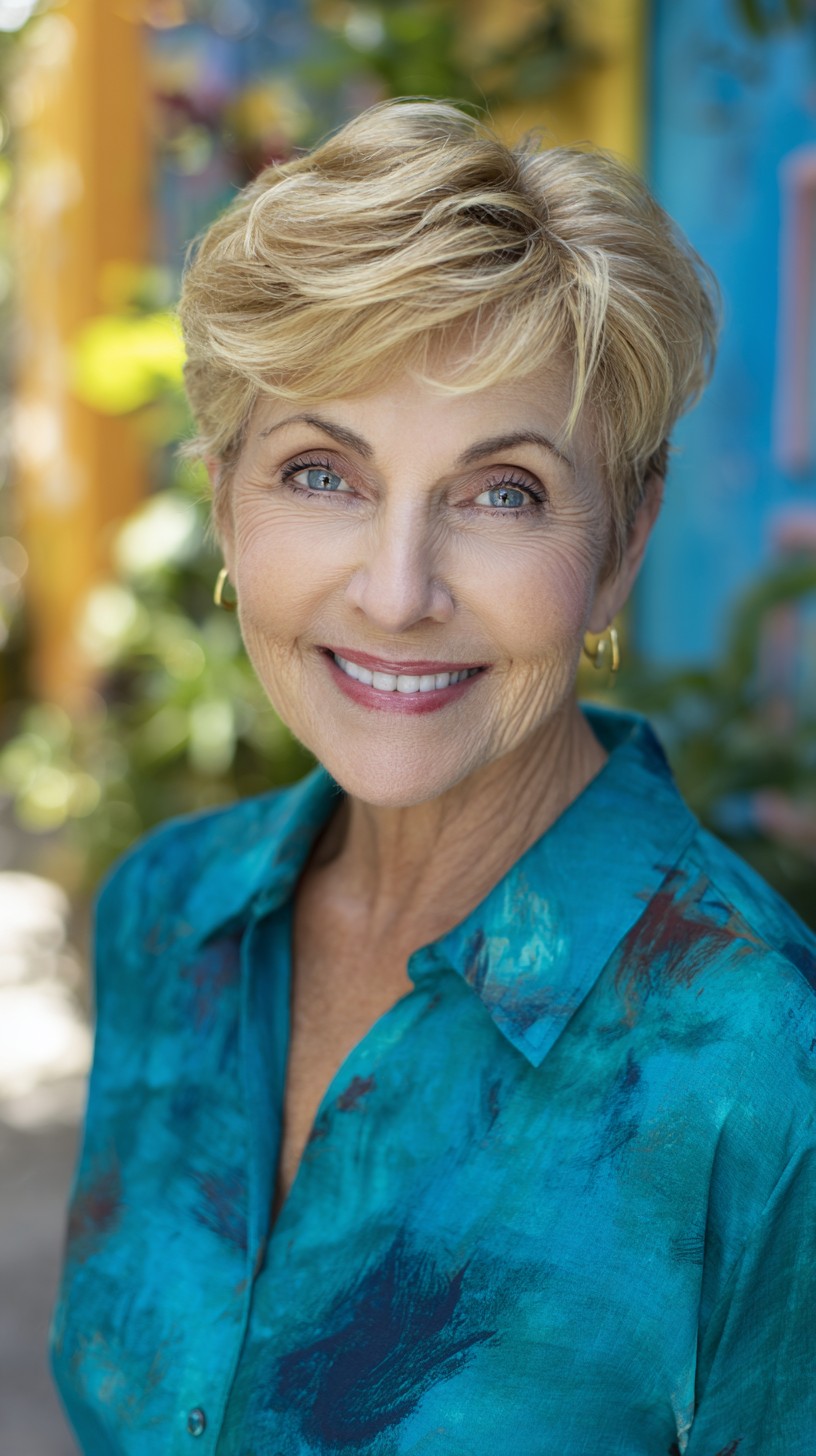 Soft Short Blonde Pixie with Crown Lift and Side-Swept Fringe