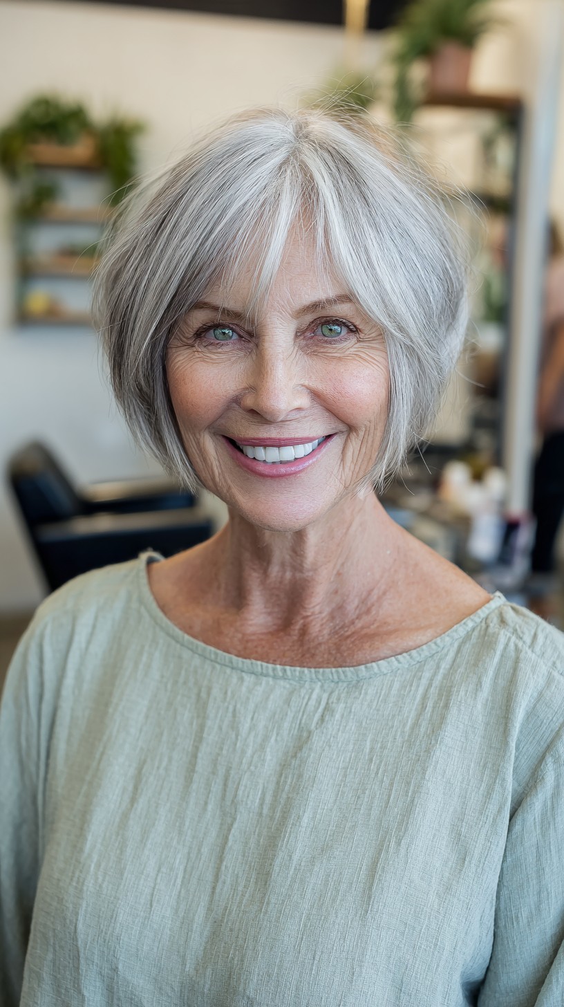 Soft Silver Chin-Length Bob with Feathered Graduation