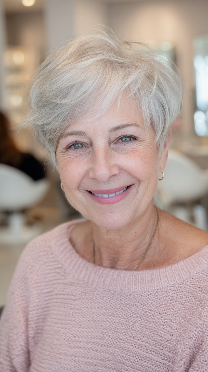 Soft Silver Pixie with Feathered Crown and Tapered Sides