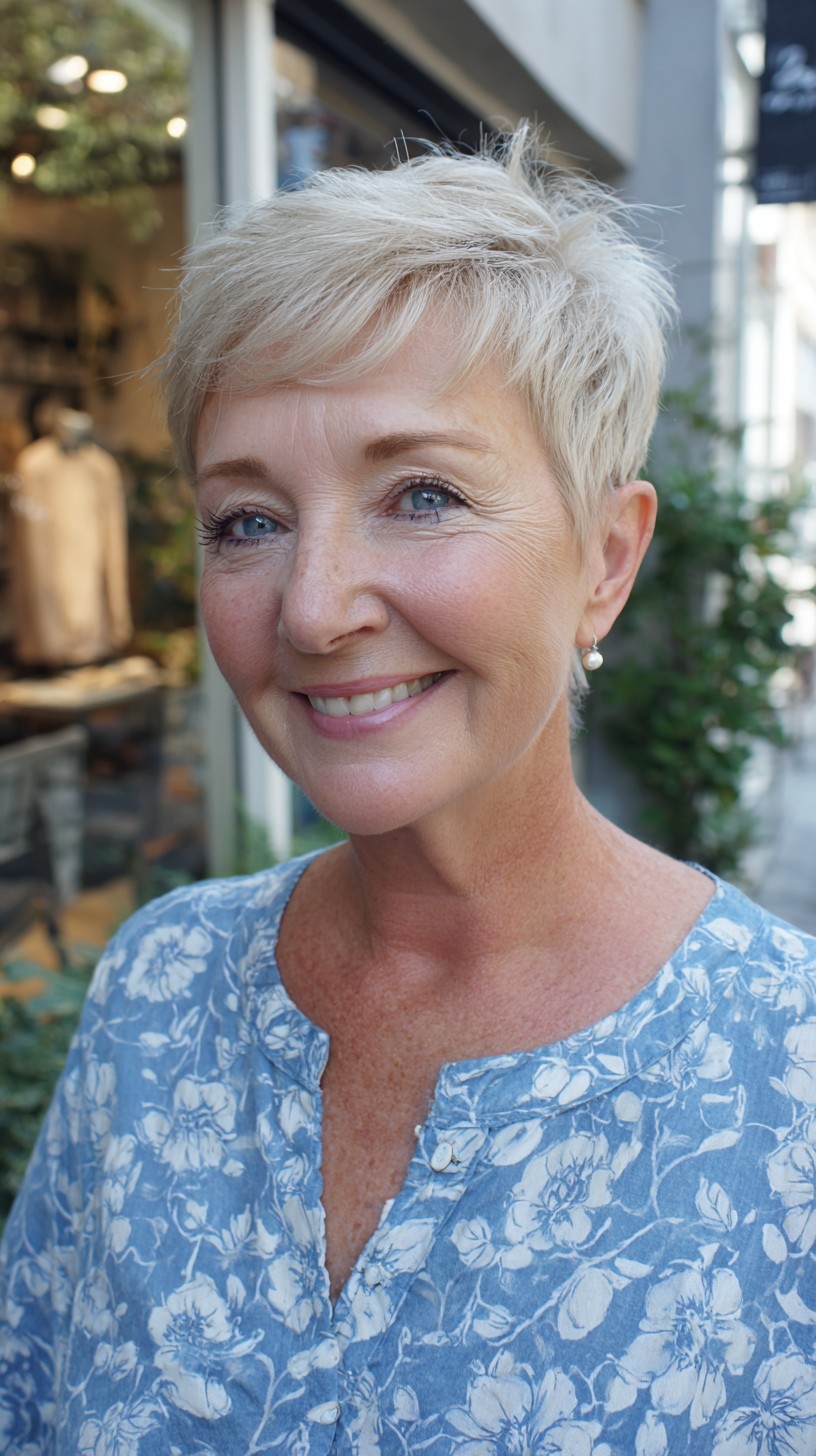 Soft Silver Pixie with Textured Crown and Side-Swept Micro Fringe