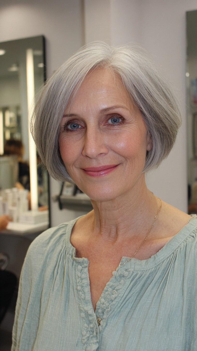 Soft Silver Rounded Chin-Length Micro Bob with Natural Crown Lift