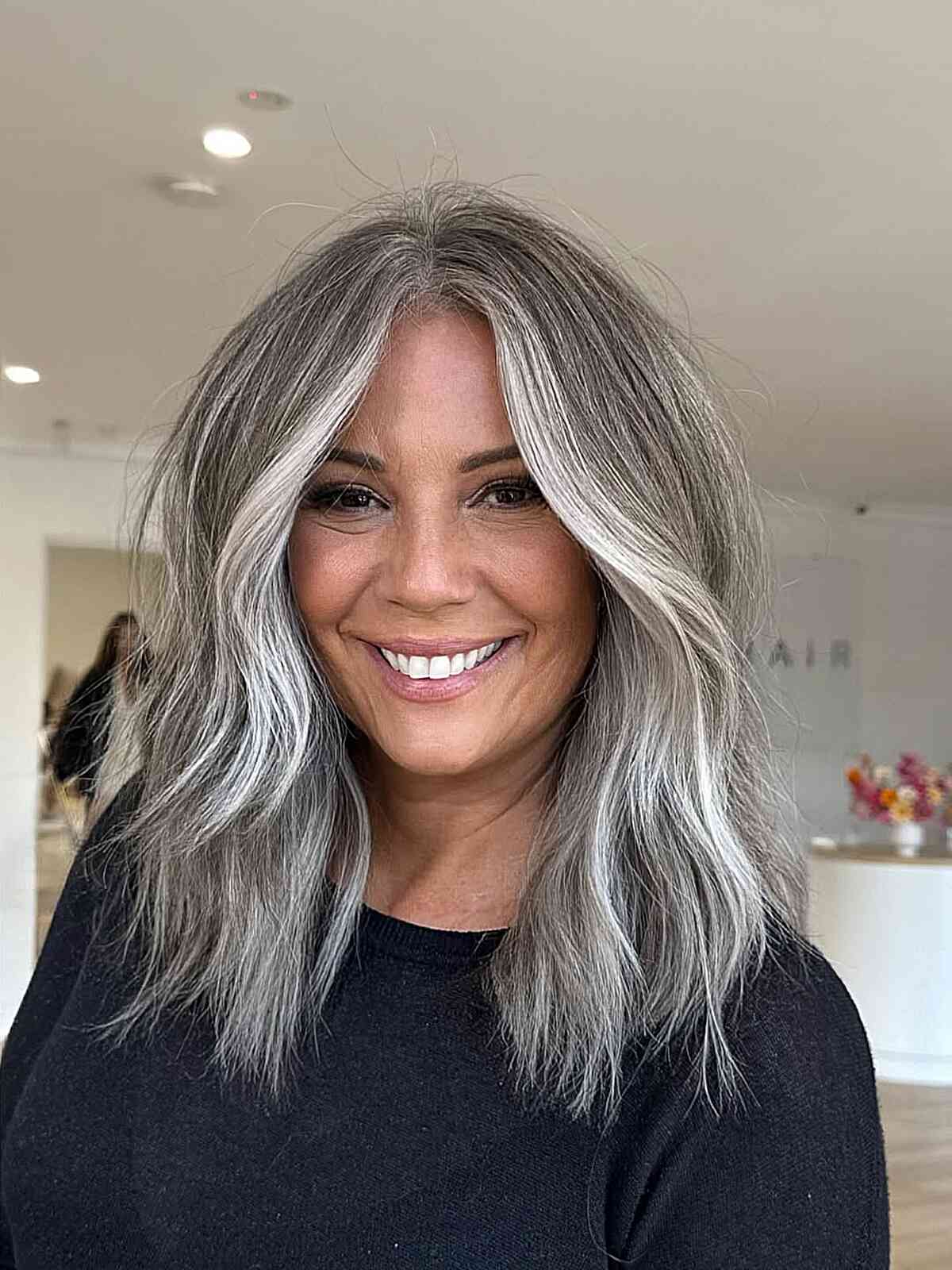 Stylish Medium Gray Hair with Silver Highlights