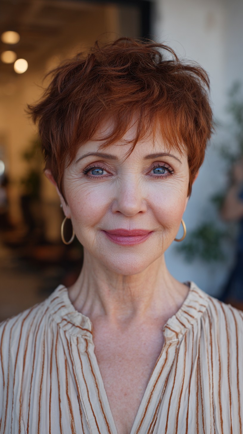 Sunlit Auburn Air-Dried Pixie with Tapered Nape and Micro-Fringe