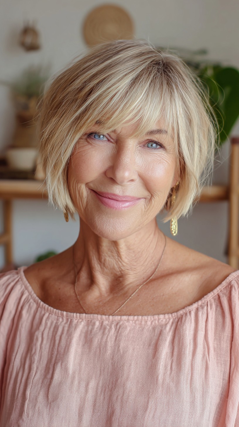 Textured Bronde Chin-Skimming Bob with Eyelash-Grazing Fringe