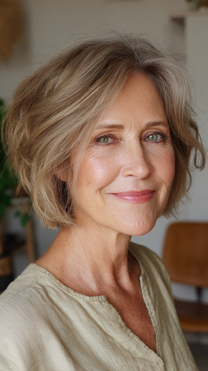 Tousled Bronde Chin-Length Bob with Subtle Crown Lift